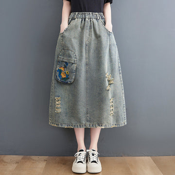 Women's Vintage Distressed Floral Embroidered Denim Midi Skirt