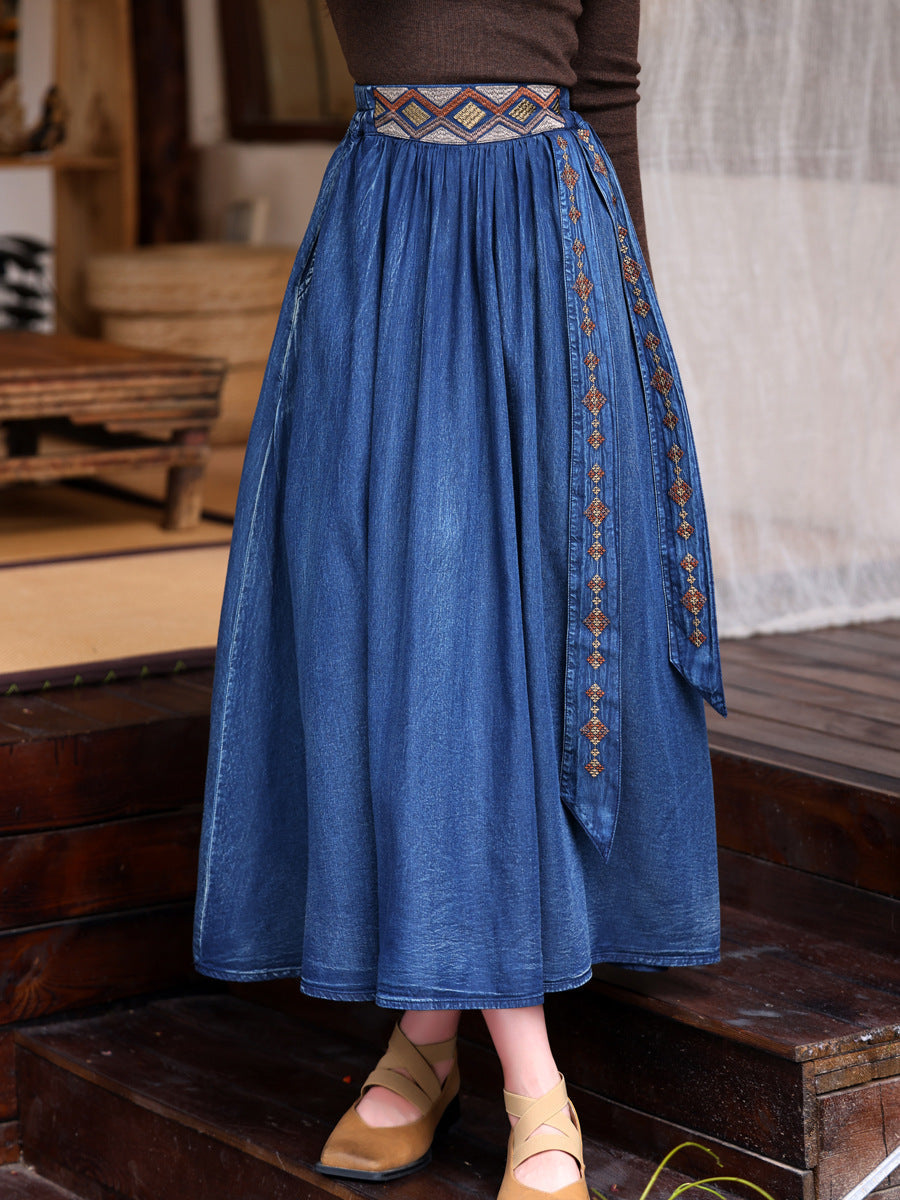 High Quality Washed Vintage Ethnic Embroidered Denim Maxi Skirt