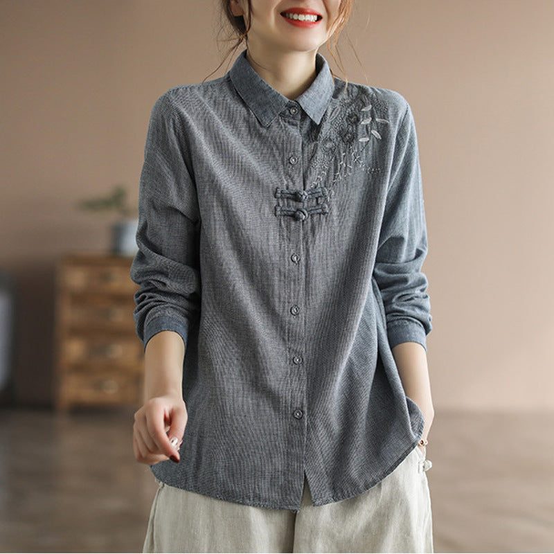Women's Spring Loose Houndstooth Embroidered Cotton Linen Shirt