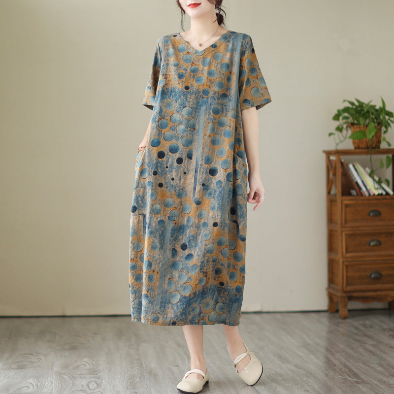 Summer Retro Cotton Linen Printed V-Neck Plus Size Dress