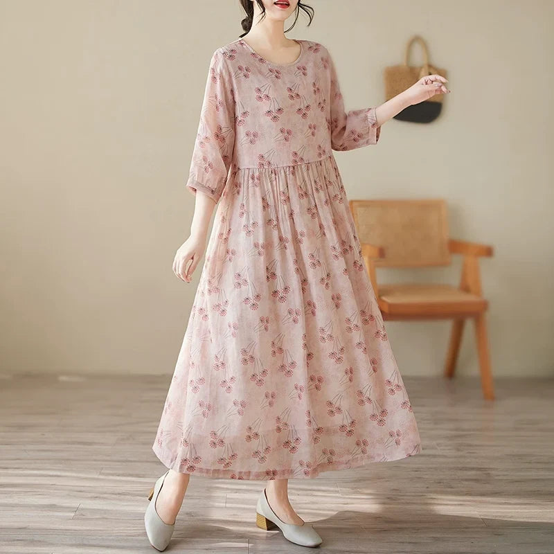 Women Spring Elegant Floral O-Neck Cotton Linen Midi Dresses