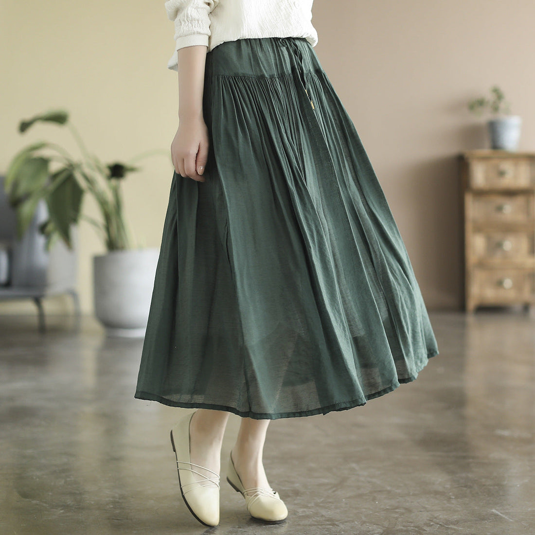 Casual Solid Color High Waist Pleated Cotton Linen A-Line Skirt