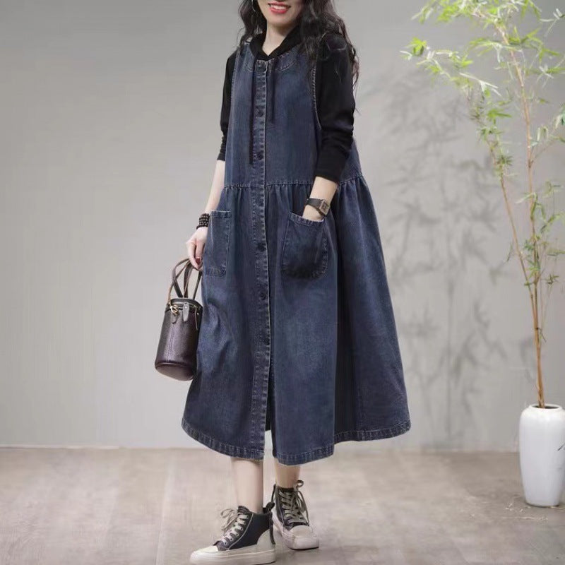 Casual Fashion Ruched Pockets Sleeveless Denim Midi Dresses