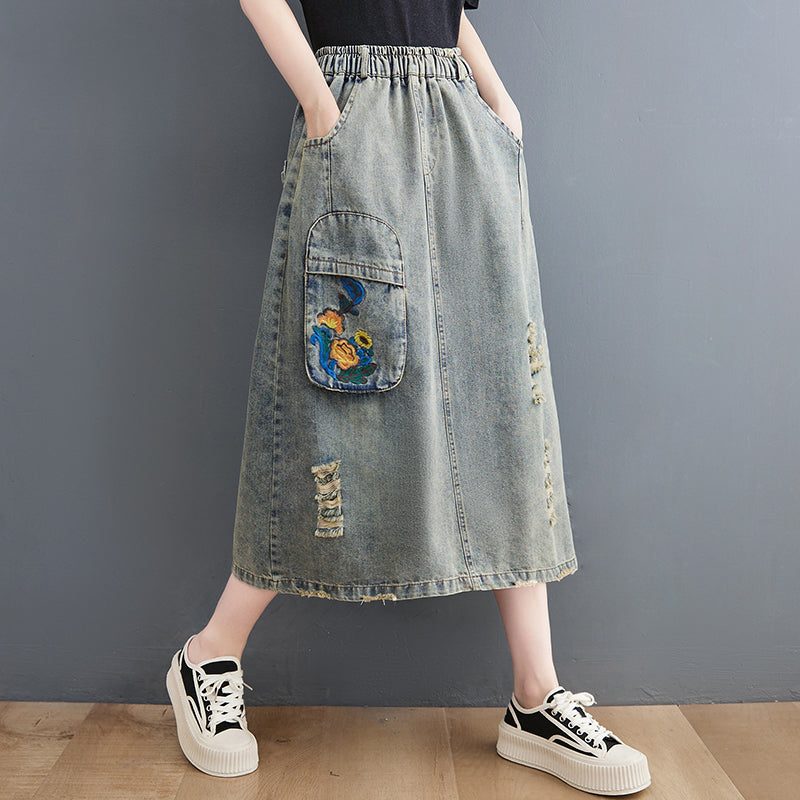 Women's Vintage Distressed Floral Embroidered Denim Midi Skirt