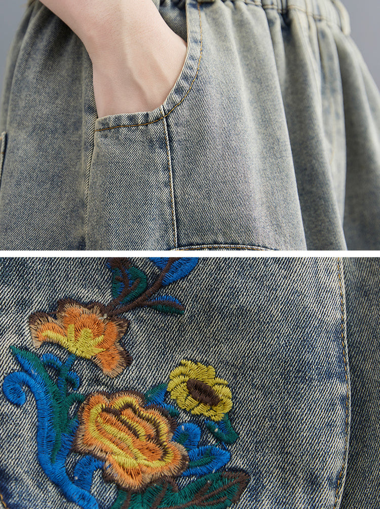Women's Vintage Distressed Floral Embroidered Denim Midi Skirt