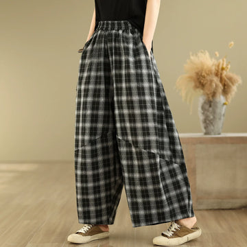 Women Summer Vintage Cotton Plaid Casual Harem Pants