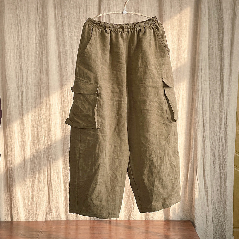 Women's Vintage Workwear Cotton Linen Loose Cargo Wide-Leg Pants
