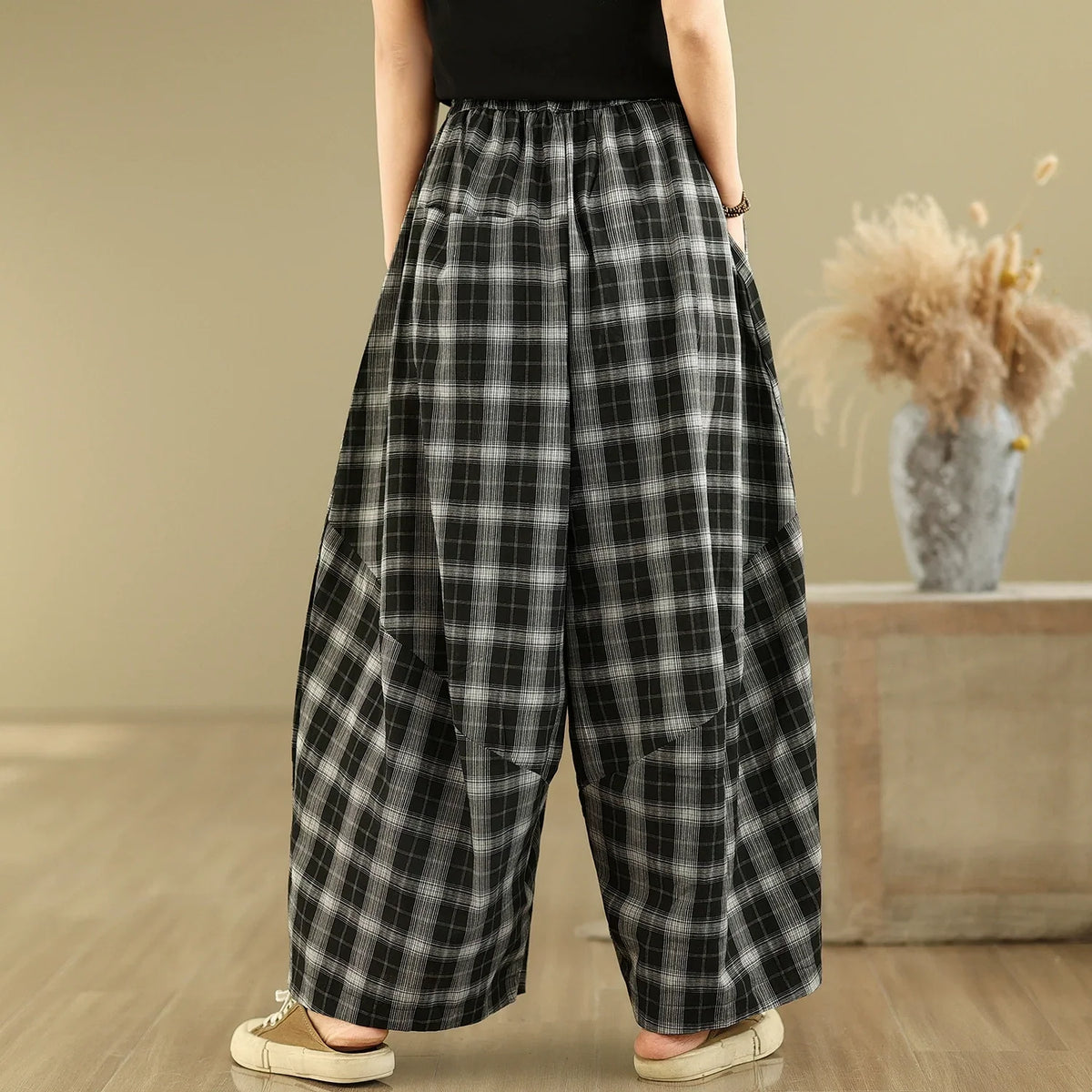 Women Summer Vintage Cotton Plaid Casual Harem Pants