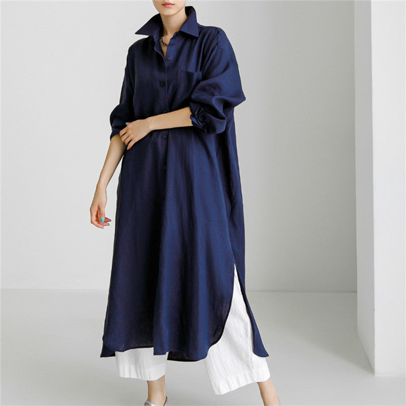 Women Spring Loose Mid-Length Slit Cotton Linen Shirt Dress