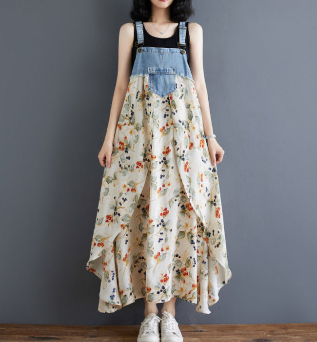 Women's Floral Spaghetti Strap Denim Patchwork Maxi Dress