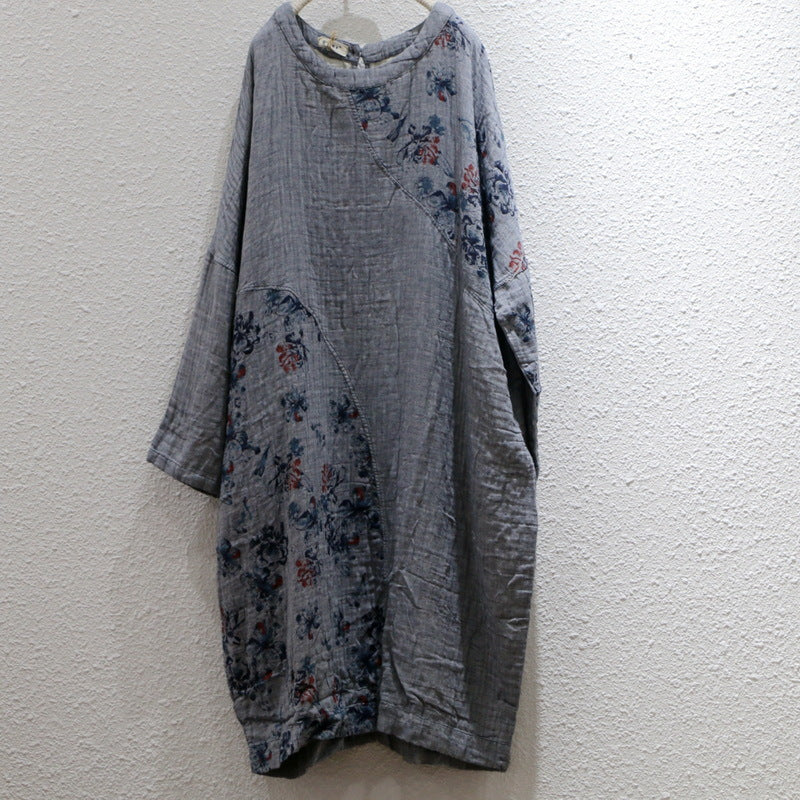 Spring Loose Soft Vintage Ethnic Style Printed Cotton Linen Dresses