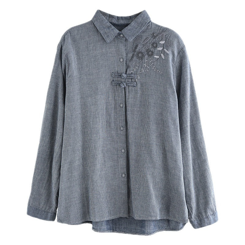 Women's Spring Loose Houndstooth Embroidered Cotton Linen Shirt