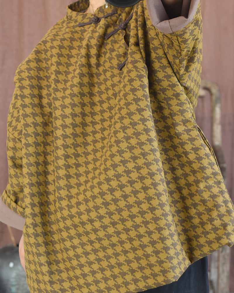 Women's Retro Houndstooth Quilted Warm Cotton Linen Coat