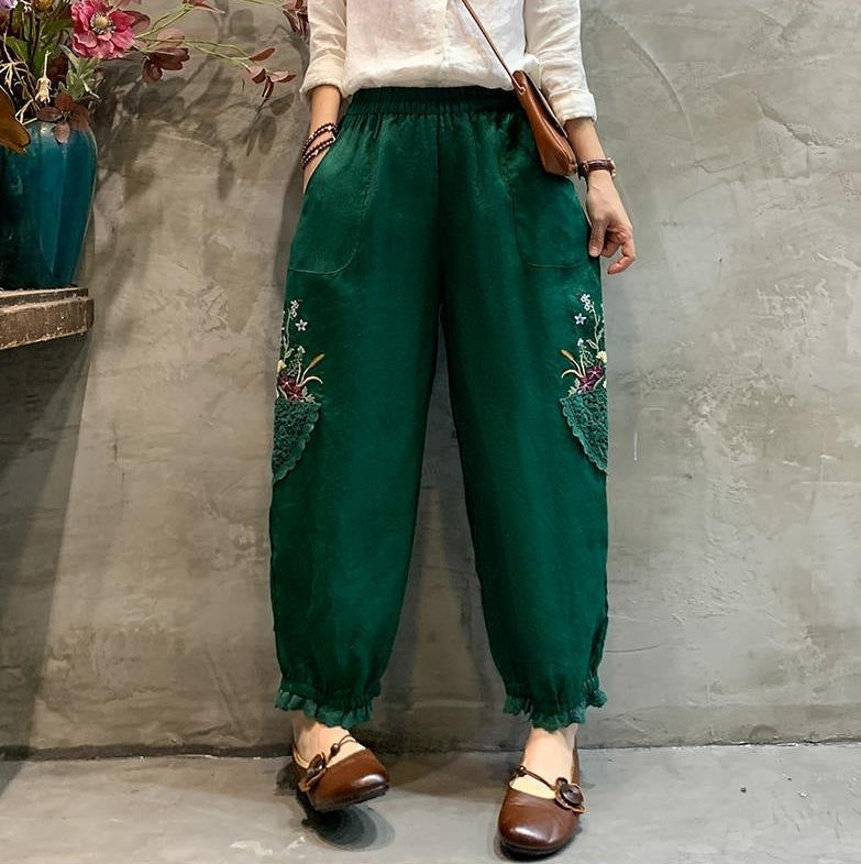 Women Vintage Embroidered Lace Cotton Linen Harem Pants