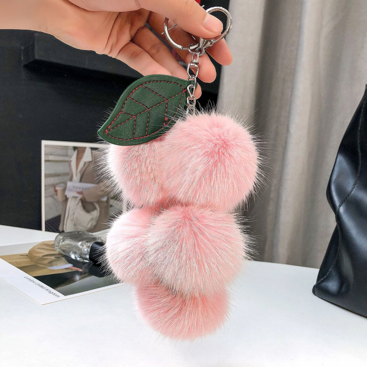 REAL FOX HAIR SMALL GRAPE KEYCHAIN BAG CHARM ACCESSORY