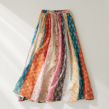 Women Spring Ethnic Style Ramie Patchwork A-Line Skirt