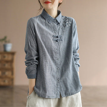 Women's Spring Loose Houndstooth Embroidered Cotton Linen Shirt