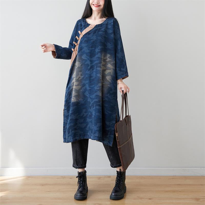 Spring Retro Washed Camouflage Round Neck Denim Midi Dresses