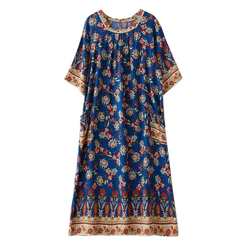 Women Summer Vintage Cotton Printed Floral Loose Dress