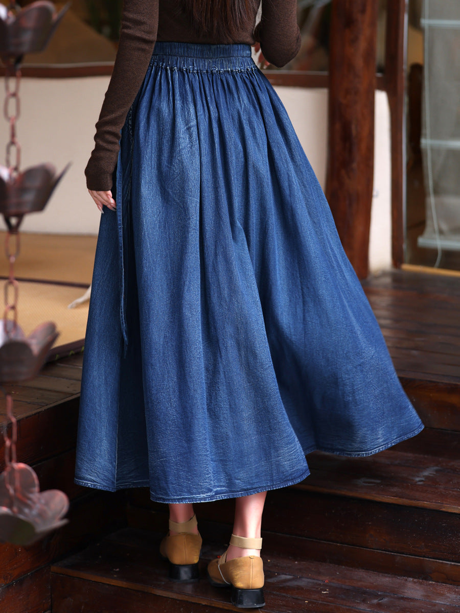 High Quality Washed Vintage Ethnic Embroidered Denim Maxi Skirt