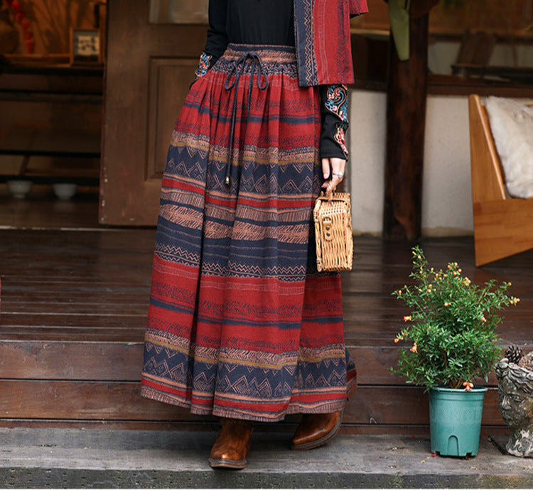 Fashion Ethnic Style Printed Contrast Color Cotton Linen Skirt