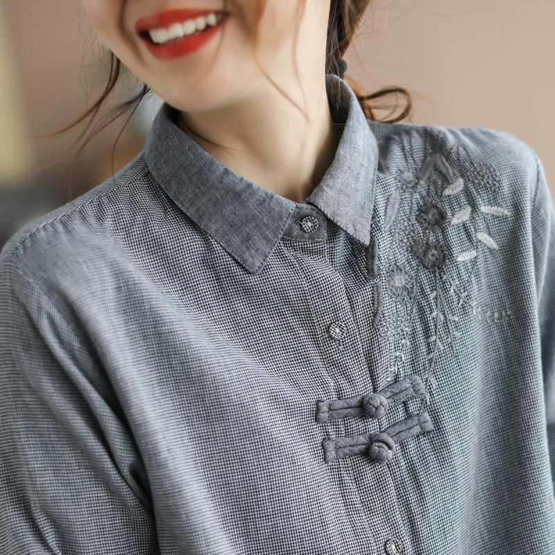 Women's Spring Loose Houndstooth Embroidered Cotton Linen Shirt
