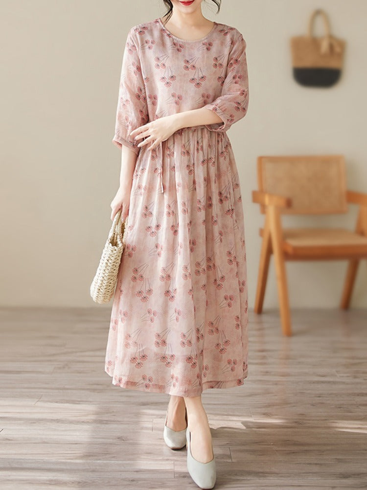 Women Spring Elegant Floral O-Neck Cotton Linen Midi Dresses