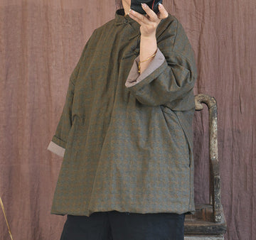 Women's Retro Houndstooth Quilted Warm Cotton Linen Coat