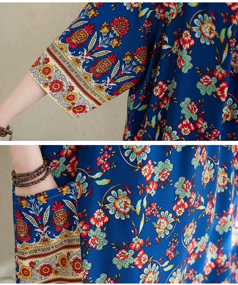 Women Summer Vintage Cotton Printed Floral Loose Dress