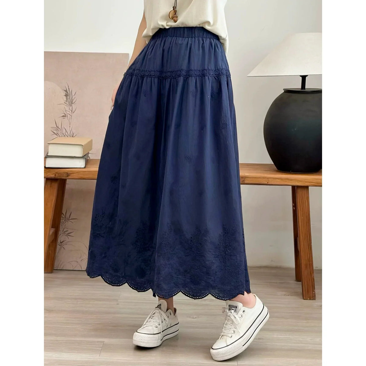 Spring Cotton Vintage Embroidered Lace High Elastic Waist Skirt