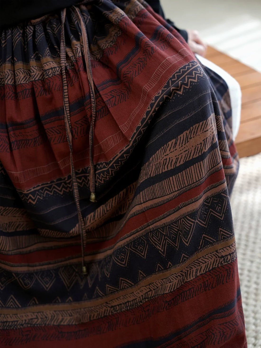 Women Summer Linen Printed Striped Elastic Waist Lace-Up Skirt