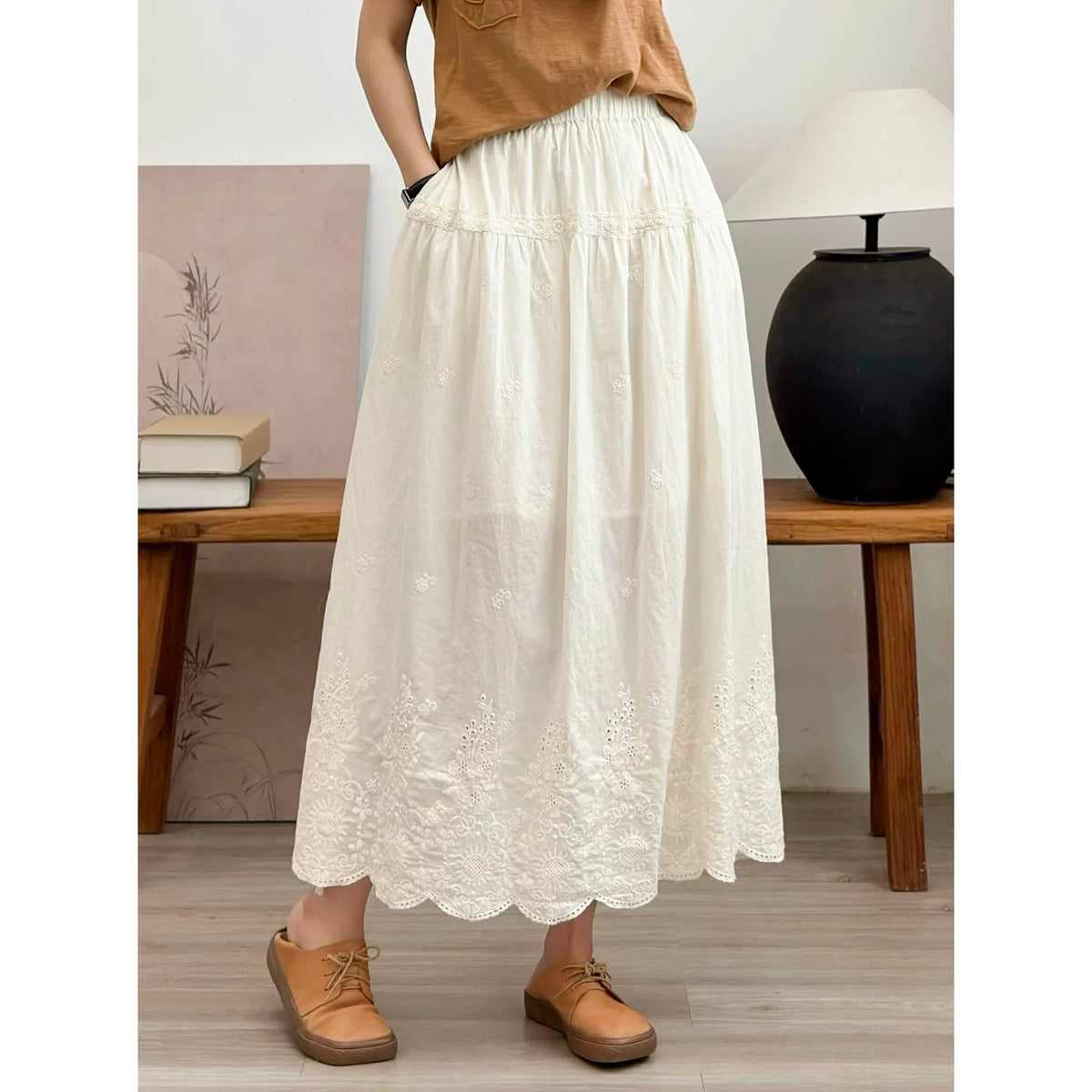 Spring Cotton Vintage Embroidered Lace High Elastic Waist Skirt