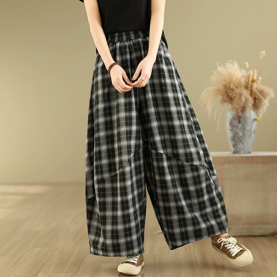 Women Summer Vintage Cotton Plaid Casual Harem Pants