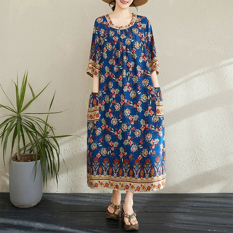 Women Summer Vintage Cotton Printed Floral Loose Dress