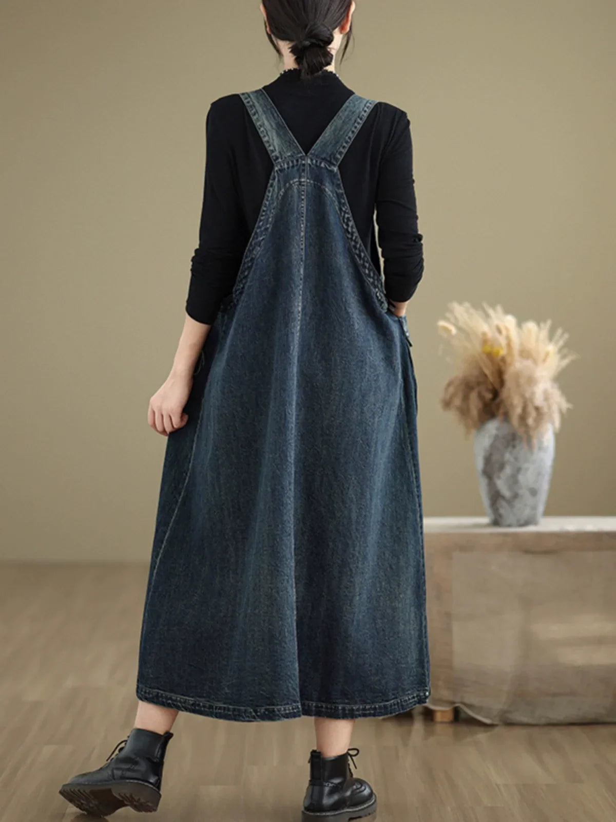 Women Spring Retro Loose Denim Pinafore Dress with Big Pockets