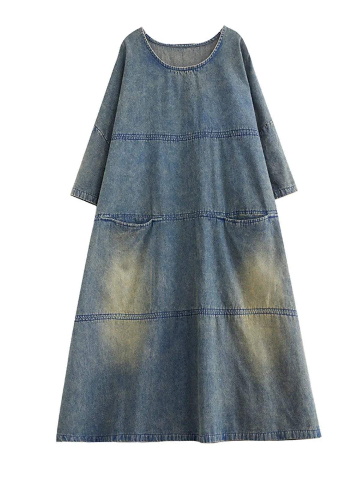 Women Spring Vintage Patchwork Denim Dress with Pockets
