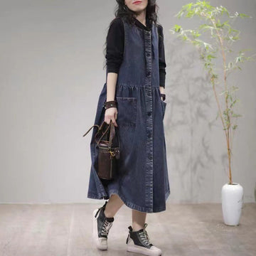 Casual Fashion Ruched Pockets Sleeveless Denim Midi Dresses