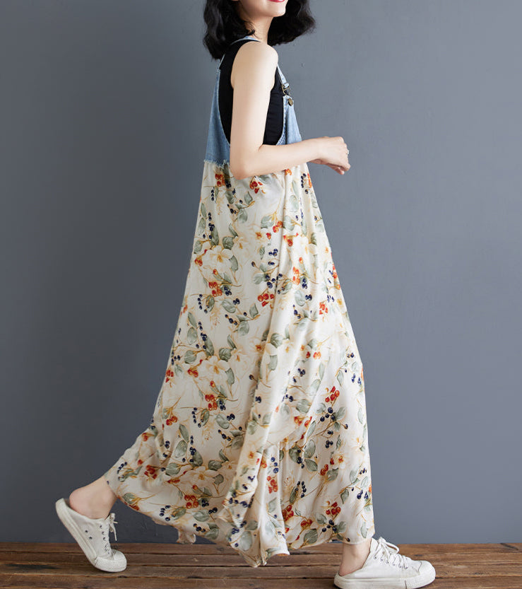 Women's Floral Spaghetti Strap Denim Patchwork Maxi Dress