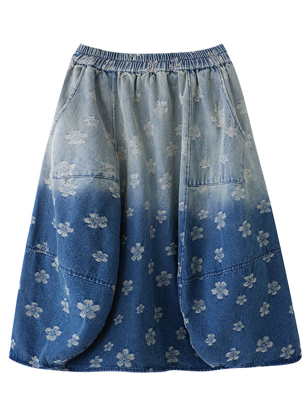 Ladies Retro Distressed Gradient Jacquard A-Line Denim Skirt
