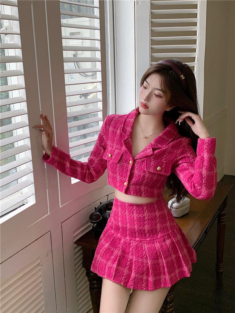 Pink Crop Jacket & Mini Skirt Two Piece Set