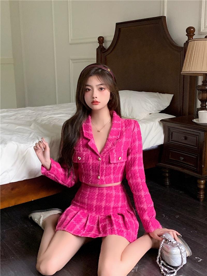 Pink Crop Jacket & Mini Skirt Two Piece Set