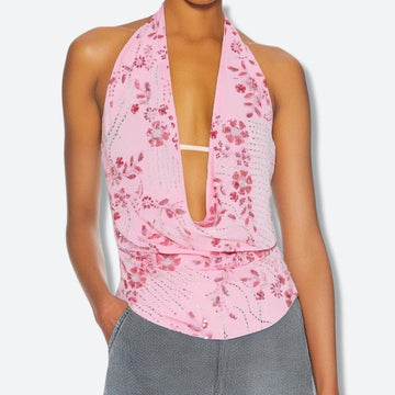 Plunge Neck Sequined Beaded Top