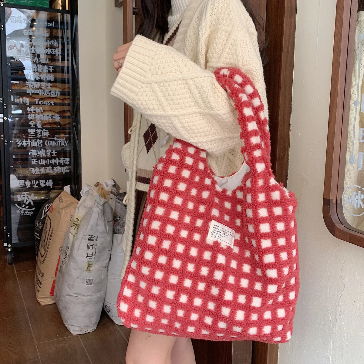 Plush Checkered Tote Bag