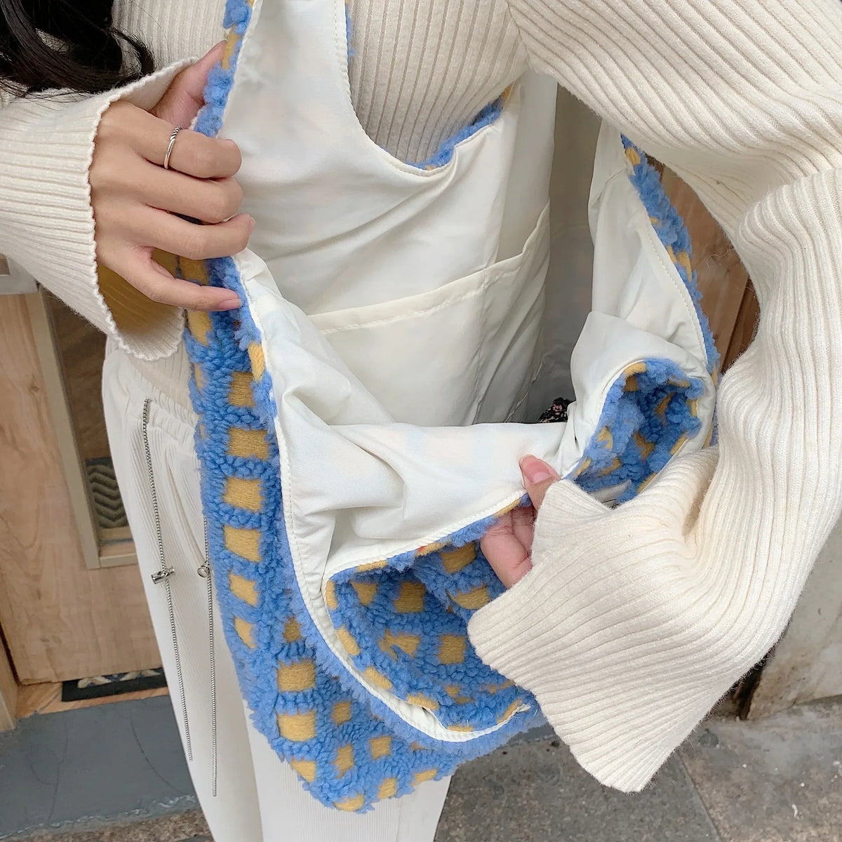 Plush Checkered Tote Bag