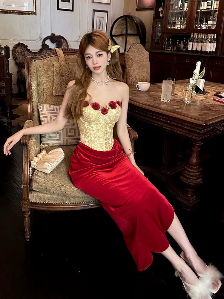 Rose Velvet Corset Midi Dress