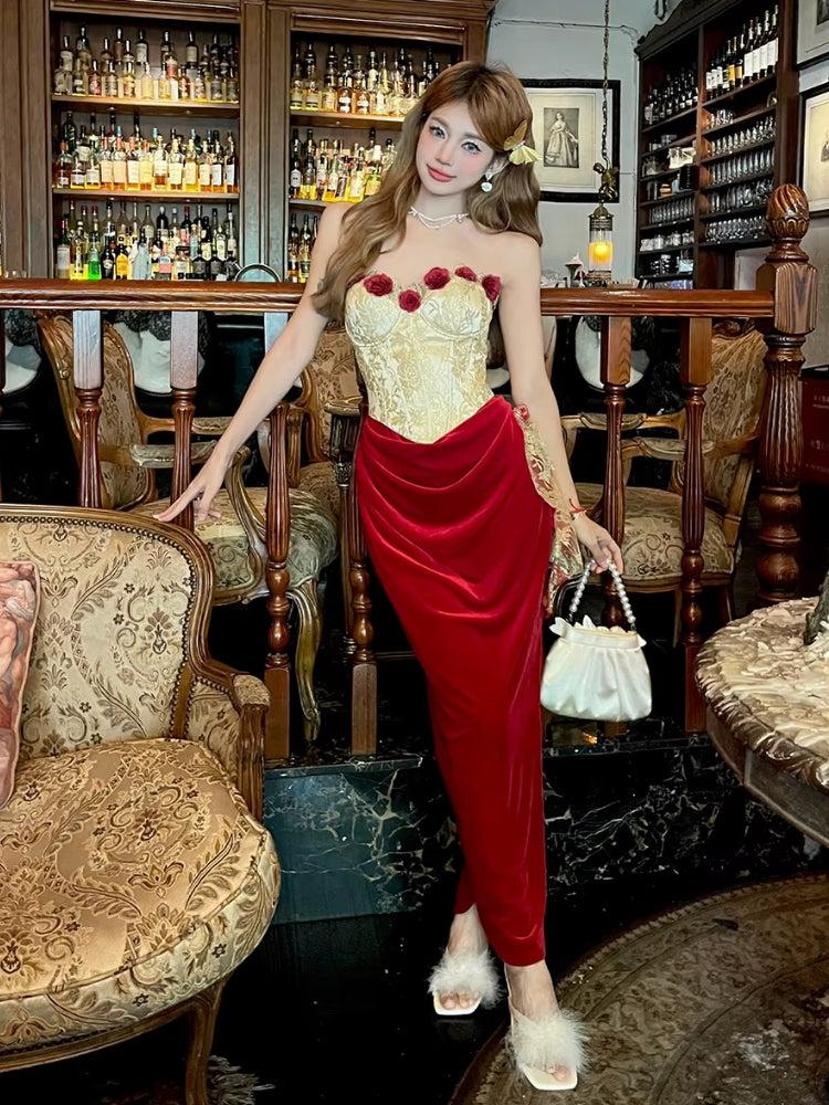 Rose Velvet Corset Midi Dress