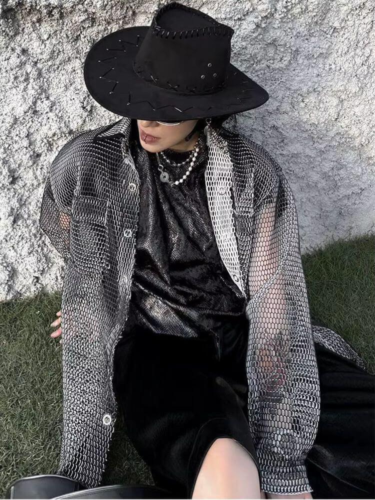 Sheer Mesh Button-Up Shirt