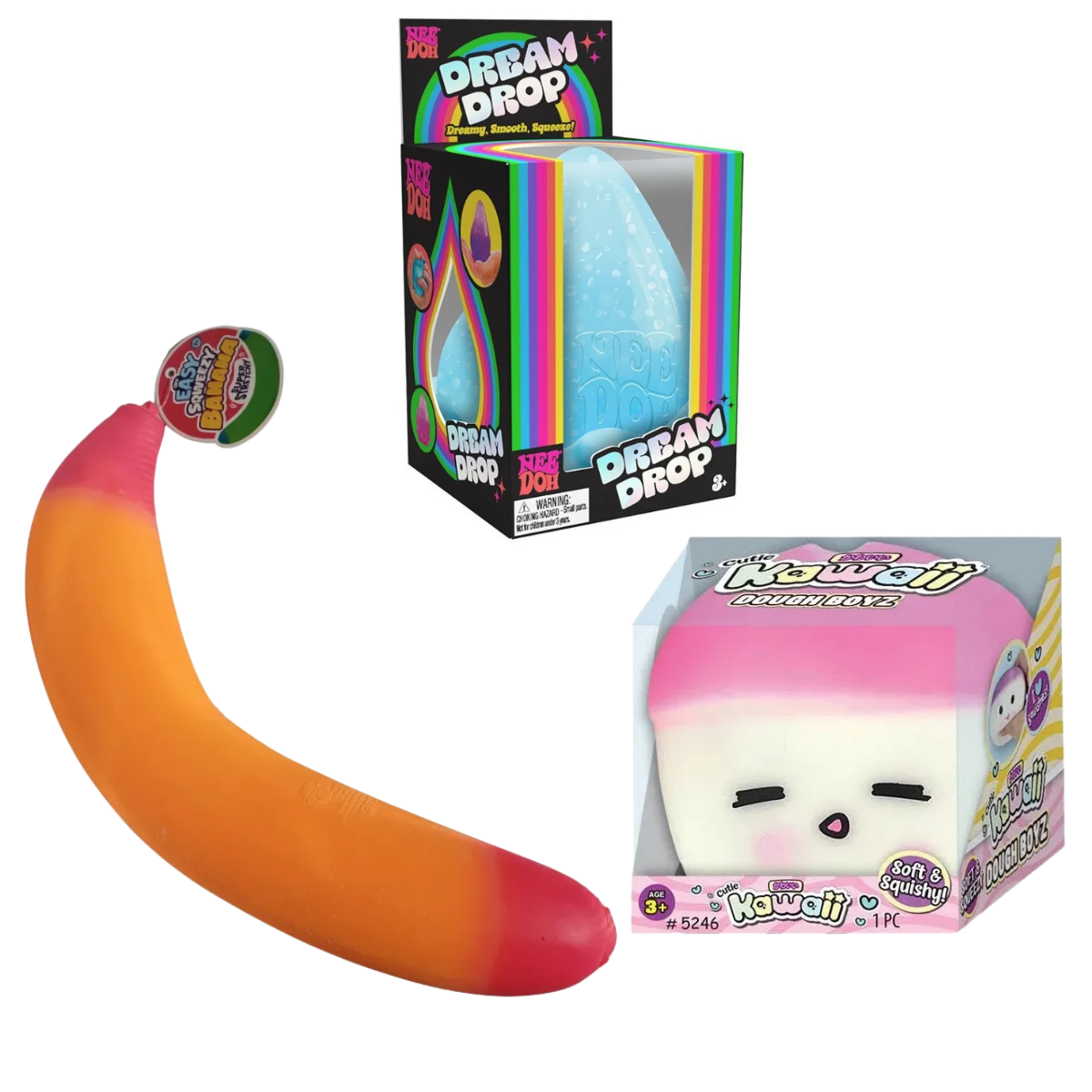 Nee Doh Bundle: Dream Drop + Orb Jumbo Easy Sqweezy Neon Banana + Ja-Ru Cutie Kawaii Dough Boyz