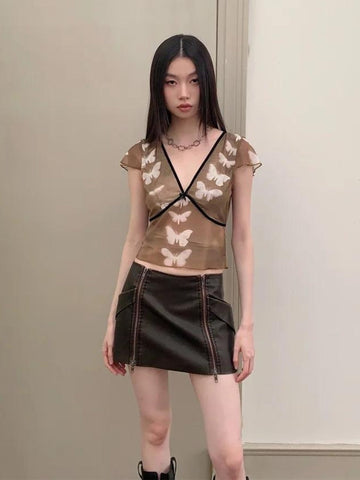 Y2K Butterfly V Neck Top
