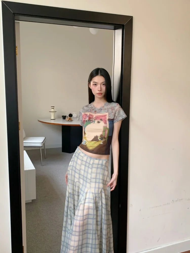Y2K Cat Graphic Sheer Top